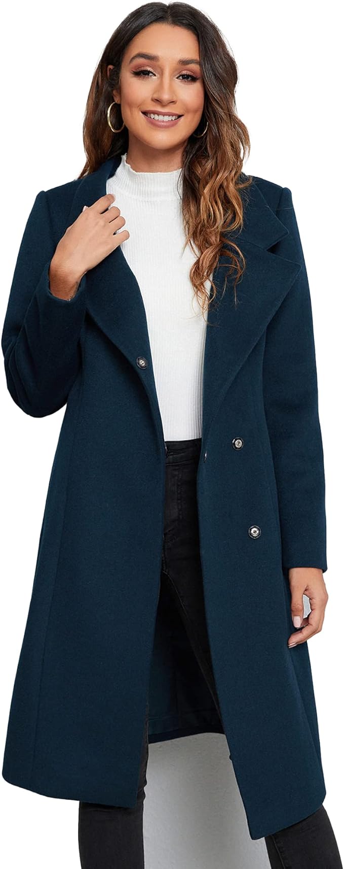 miegofce 女式羊毛混纺外套,双排扣立领长款羊毛豌豆大衣,优雅春季